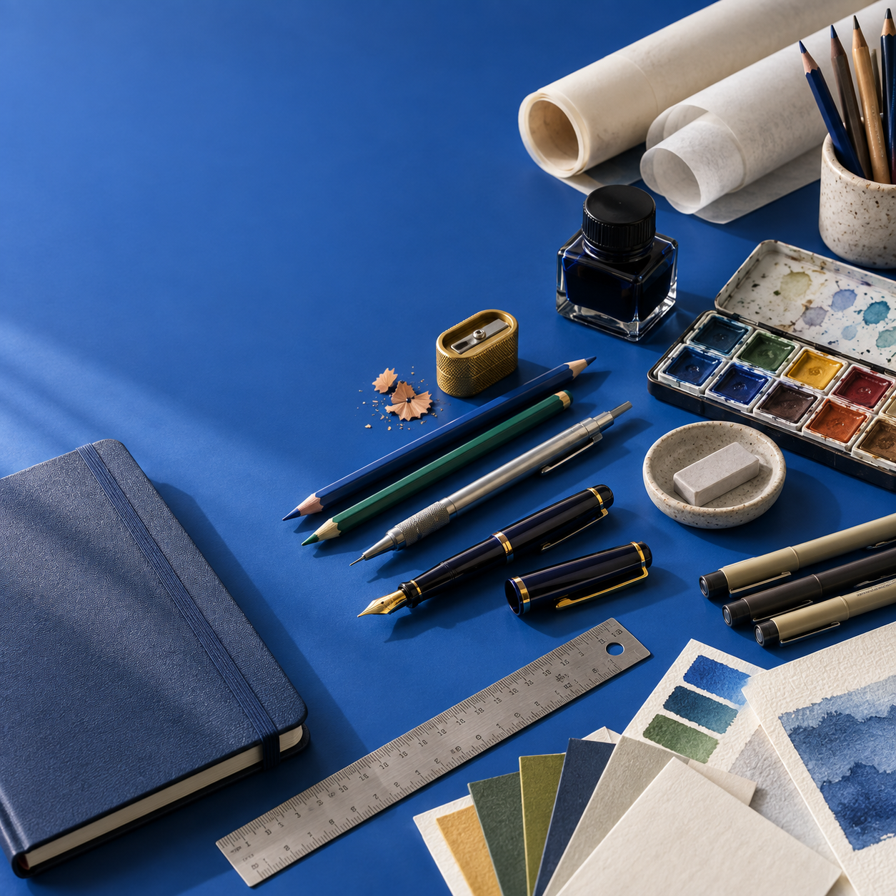 A curated collection of art, drafting, paper and writing supplies on a cobalt blue studio desk